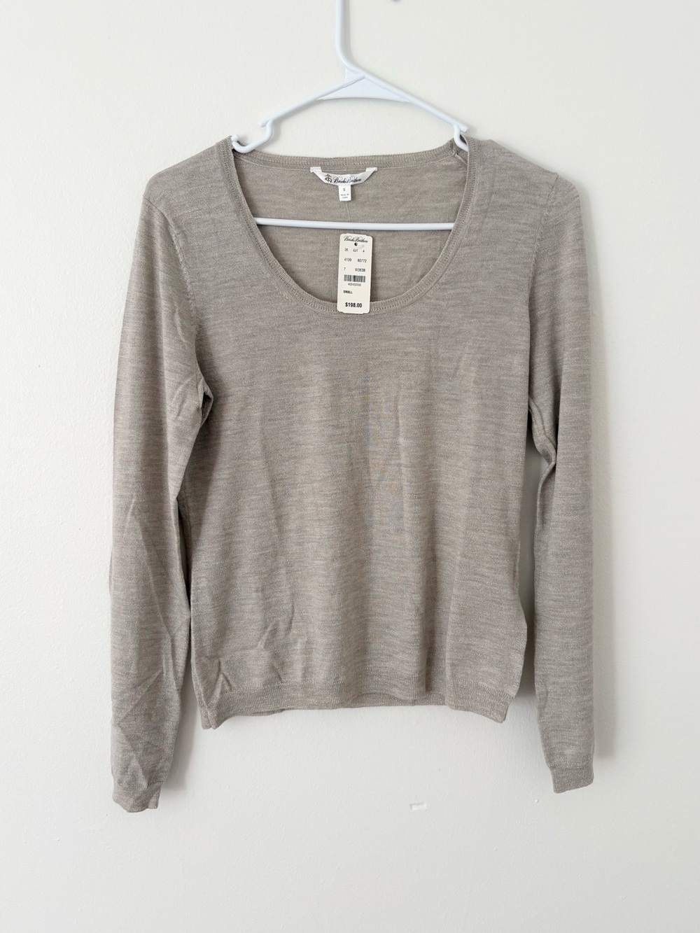 Brooks Brothers NEW Taupe Neutral Fine Knit Merino Wool Scoop Neck Sweater Small